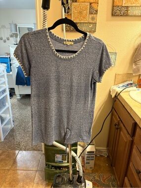 Michael Stars Heather Navy Short Sleeve Tee with White Scallop Trim